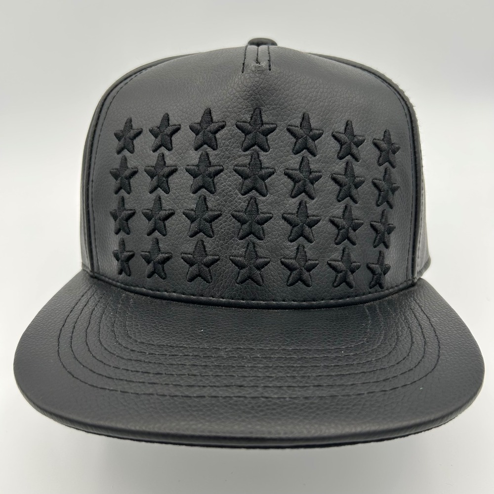 Zion Snapback Hat Star Embroidered Mens OSFM Black Faux Leather Streetwear